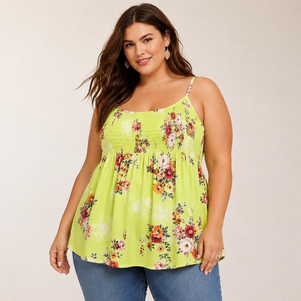Torrid 2X‎ Lime Green Floral Smocked Babydoll Tank Cami Top Boho Festival Summer